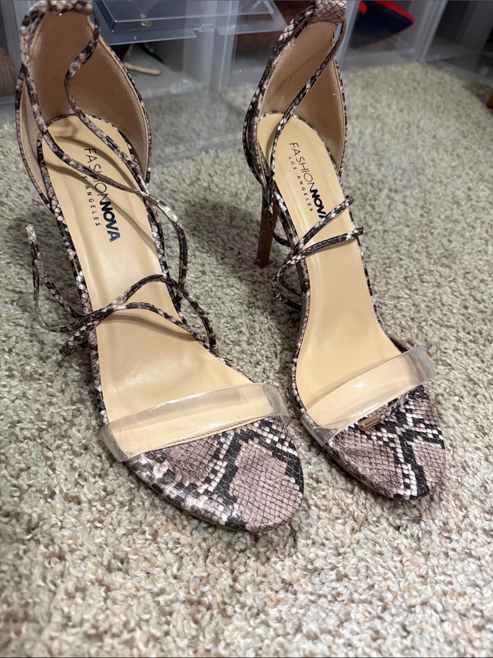 Fashion Nova Nude & Snake Print Lace-Up Stiletto Sandals